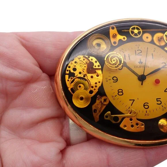 Vintage Von West USA Clock Belt Buckle Goldtone Analog Clock Art Steampunk
